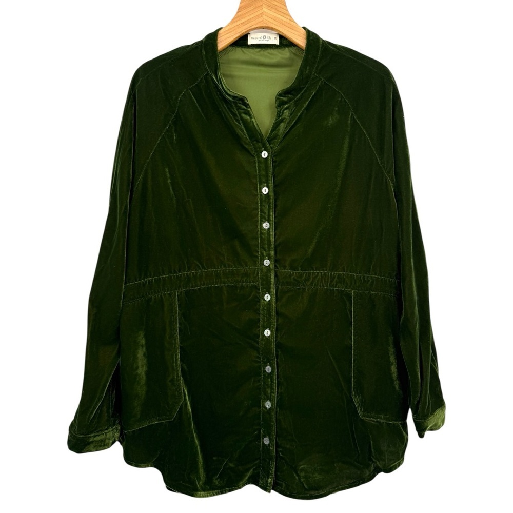 NATURAL LIFE Deep Green Velvet Button Down Shirt Tunic with Pockets Size M